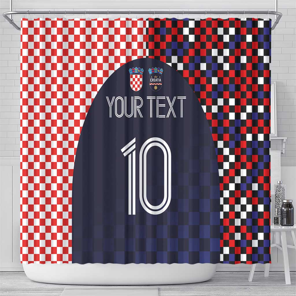 Croatia soccer jersey shower curtain with hanging rod, dark navy and checkered red/white & black/blue, 10