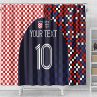 Croatia soccer jersey shower curtain on tub, dark navy with checkered red/white and black/blue, 10