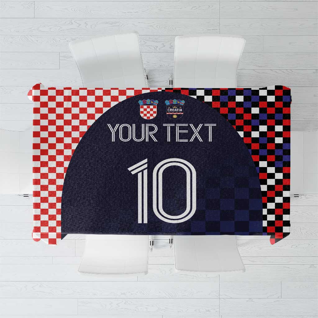 Dark navy checkered tablecloth with red/white accents and Croatia-themed number print