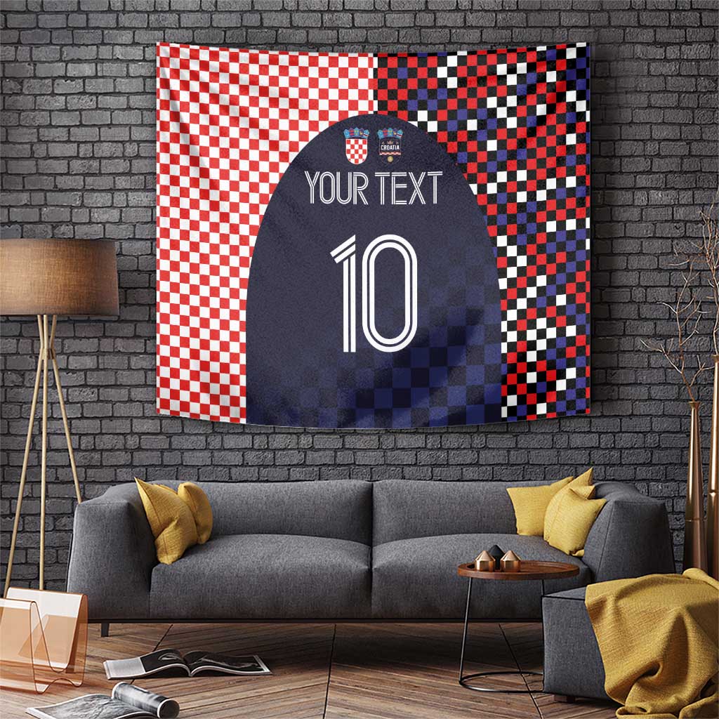 Decorative wall tapestry: red checkers, dark navy pattern, team crest, 'YOUR TEXT', number 10