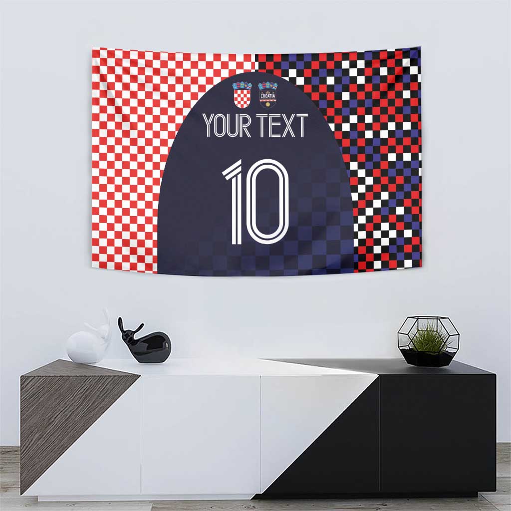 Wall tapestry over cabinet: red checkers, dark navy pattern, team crest, 'YOUR TEXT', 10