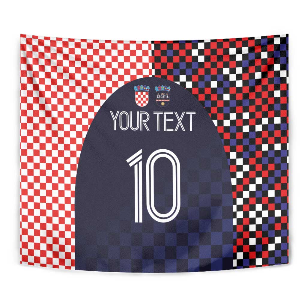 Front view wall tapestry: red checkered left, dark navy patterned crest, 'YOUR TEXT', number 10