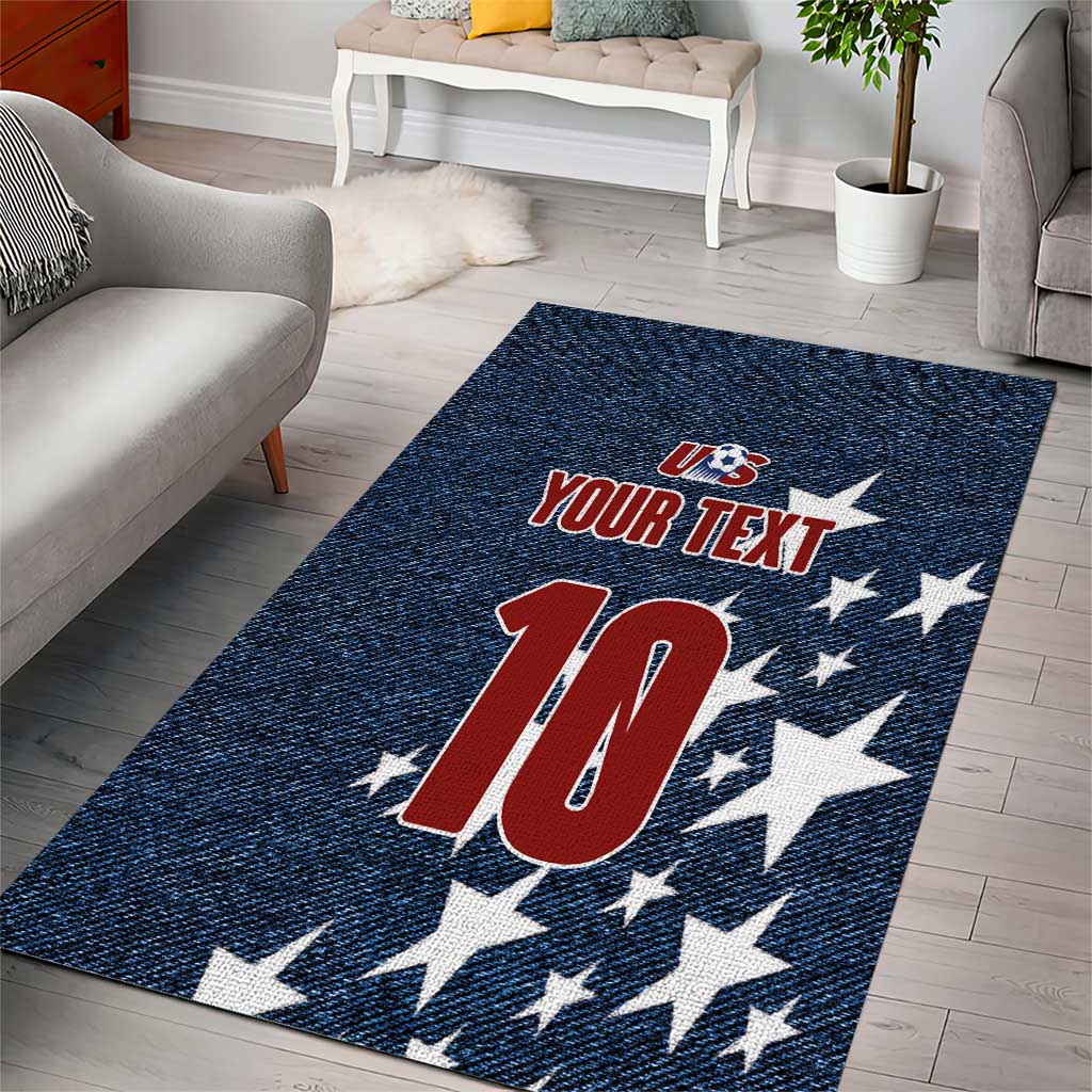 Navy denim-look area rug with 'YOUR TEXT' and large red '10' over white stars.