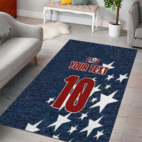 Navy denim-look area rug with 'YOUR TEXT' and large red '10' over white stars.