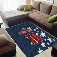 Navy denim-look area rug featuring 'YOUR TEXT' and red '10' with star accents.