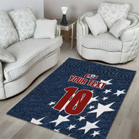 Navy denim-look area rug with 'YOUR TEXT' above a bold red '10' and stars.
