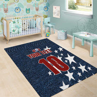 Navy denim-look area rug with 'YOUR TEXT' and red '10' surrounded by white stars.