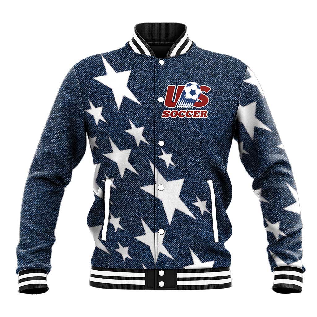 Unisex denim-style baseball jacket with navy stars, front button placket and striped collar