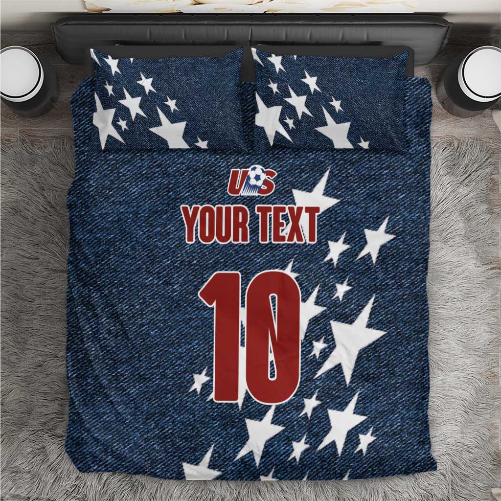 Denim-style bedding set with navy stars, red-white '10' and text on comforter