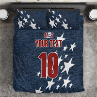 Denim-style bedding set with navy stars, red-white '10' and text on comforter