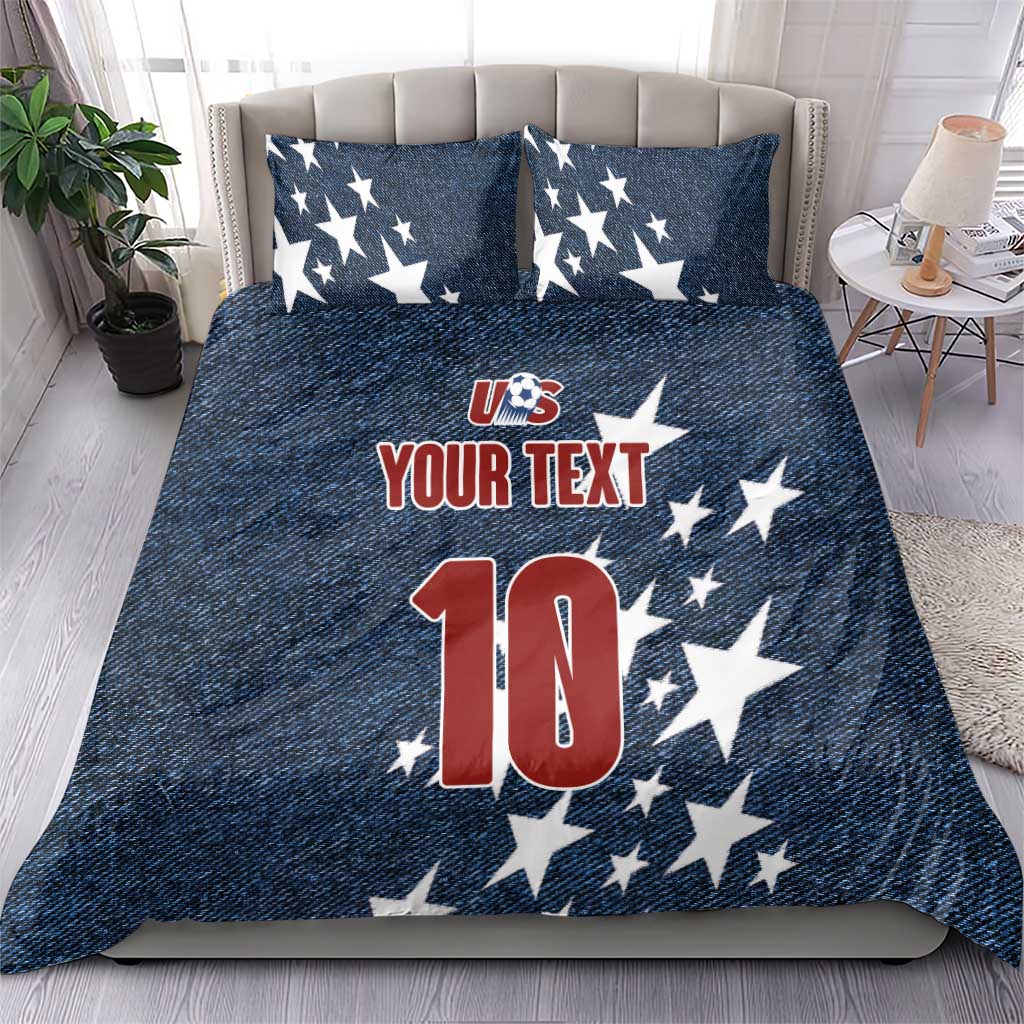 Denim-style bedding set with navy star pillows and comforter showing red '10' and your text
