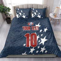 Denim-style bedding set with navy star pillows and comforter showing red '10' and your text