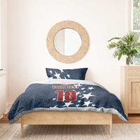 Denim-style bedding set with navy star comforter and red '10' graphic with your text