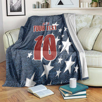 Navy retro denim-style soccer blanket with US logo, stars, and custom text over number 10