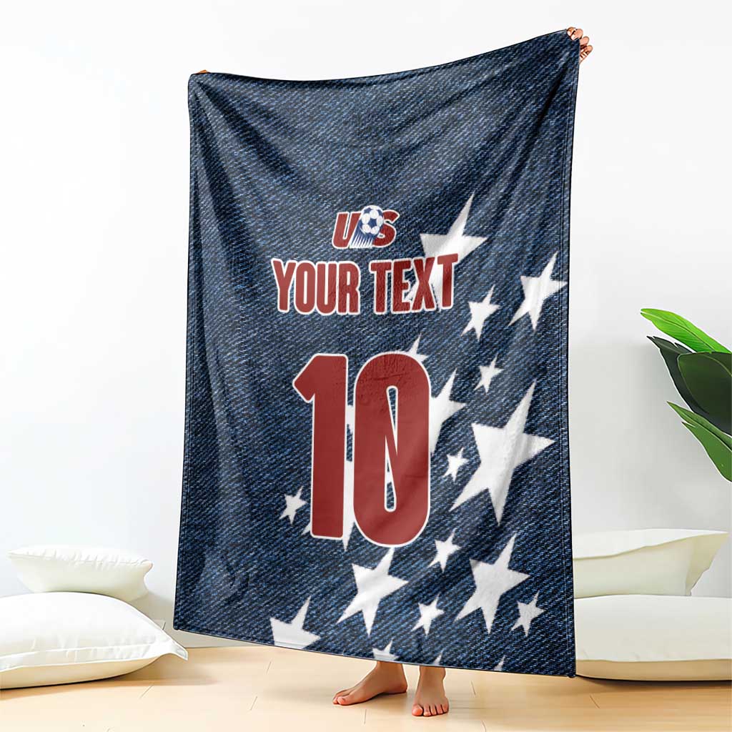 Navy denim-style soccer blanket hanging with US logo, stars, and custom text over number 10