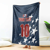 Navy denim-style soccer blanket hanging with US logo, stars, and custom text over number 10
