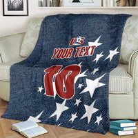 Navy denim-style soccer blanket on bed with US logo, stars, and custom text above number 10