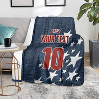 Navy denim-style soccer blanket on rug with US logo, stars, and custom text with number 10