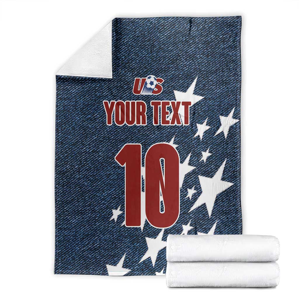 Navy denim-style soccer blanket with US logo, stars, custom text, and number 10, folded