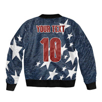 Navy denim-style bomber jacket back with large red number 10 and white star pattern