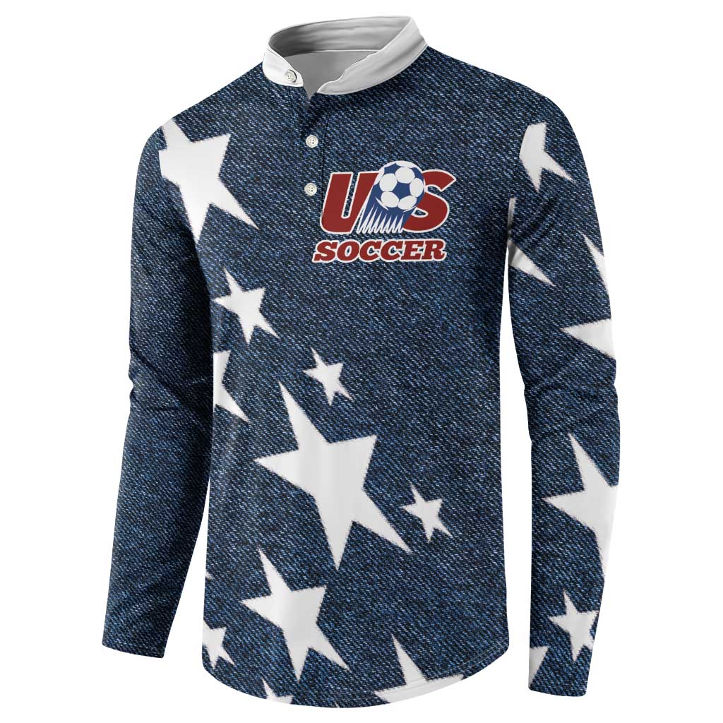 Men's navy button-front sweatshirt with large white stars and U.S. Soccer logo on front