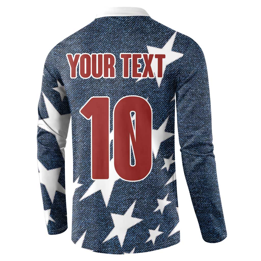 Men's navy button-front sweatshirt back with YOUR TEXT and large 10 graphic over stars