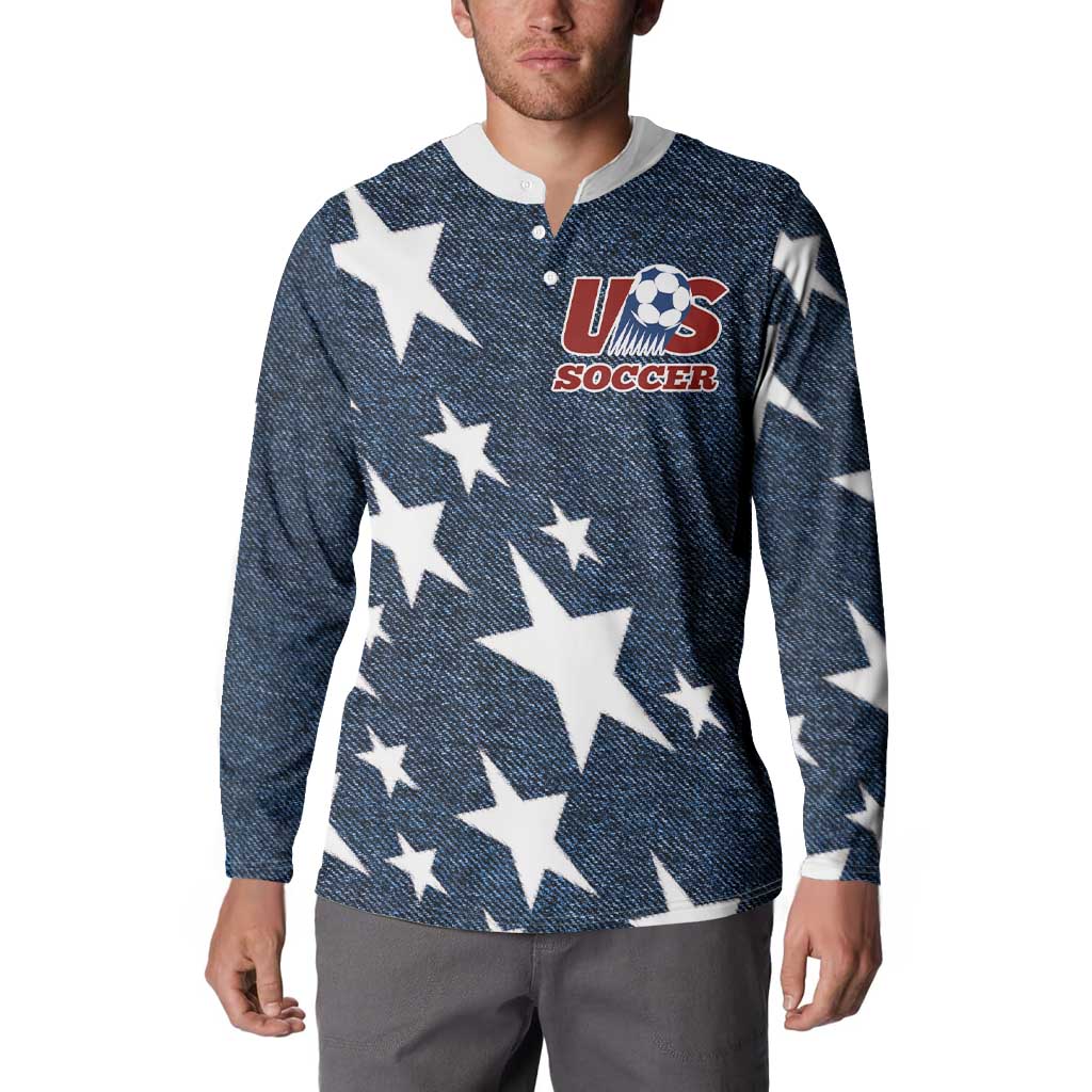 Men's navy button-front sweatshirt with white stars and U.S. Soccer logo on chest
