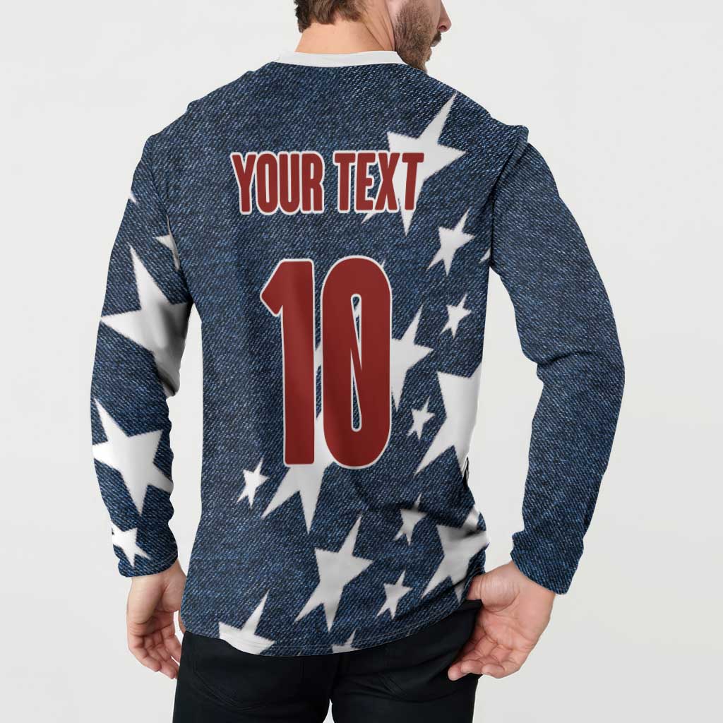 Men's navy button-front sweatshirt back with YOUR TEXT, big 10 graphic, and star print