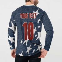 Men's navy button-front sweatshirt back with YOUR TEXT, big 10 graphic, and star print