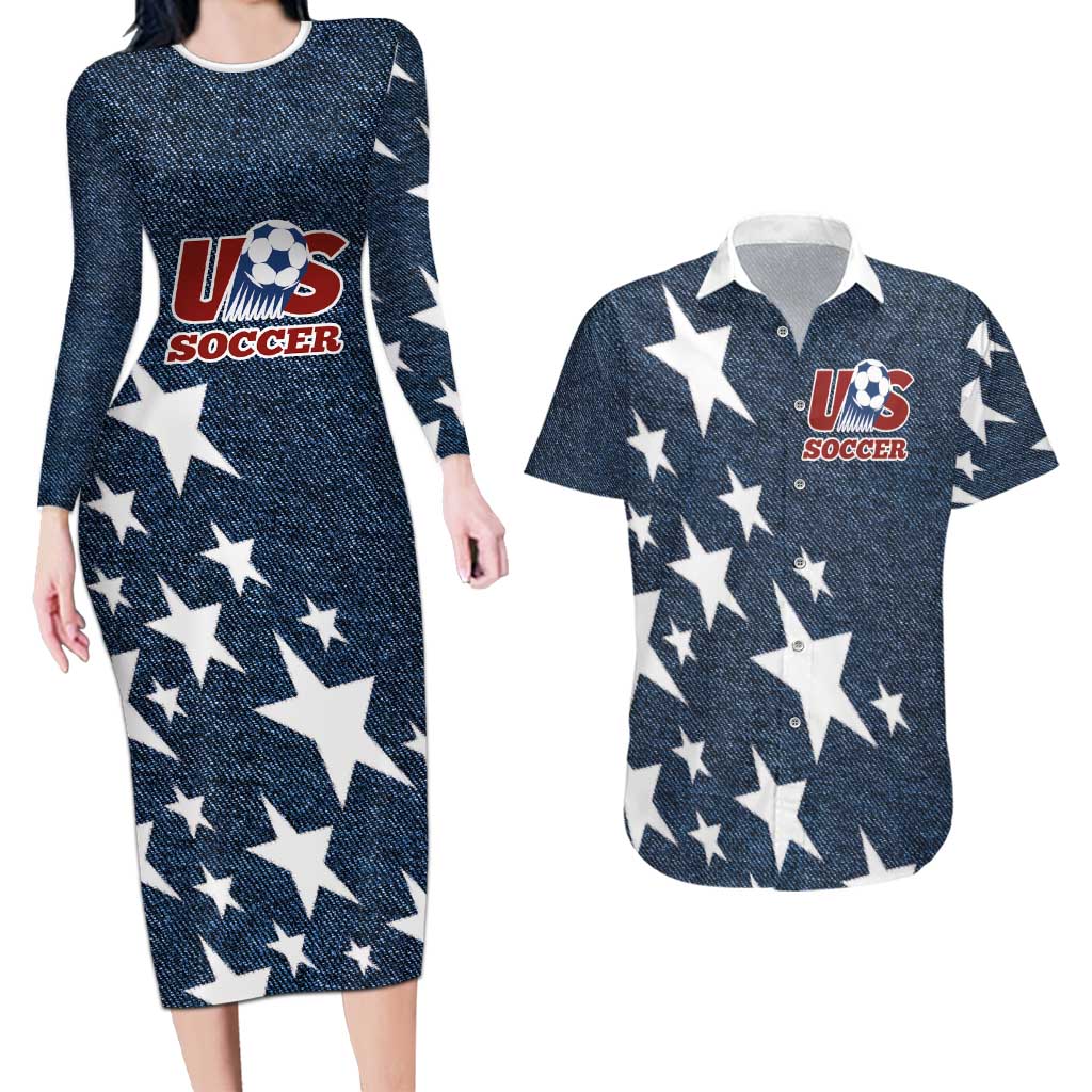 Custom United States Soccer Couples Matching Long Sleeve Bodycon Dress and Hawaiian Shirt Retro 1994 Denim Style