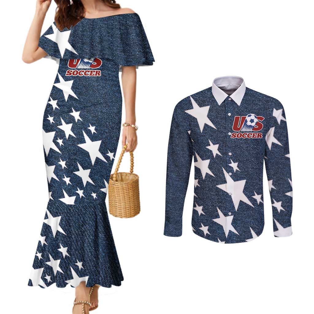 Custom United States Soccer Couples Matching Mermaid Dress and Long Sleeve Button Shirt Retro 1994 Denim Style