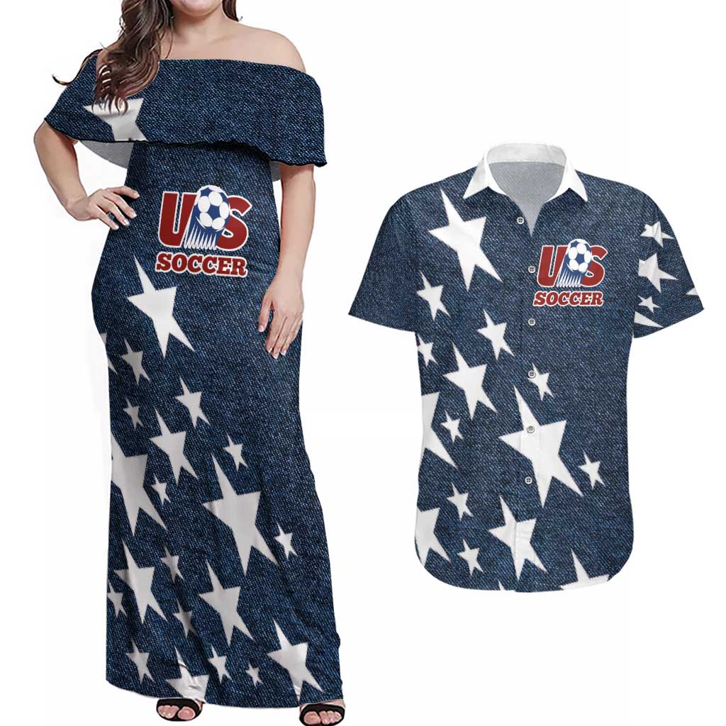 Custom United States Soccer Couples Matching Off Shoulder Maxi Dress and Hawaiian Shirt Retro 1994 Denim Style