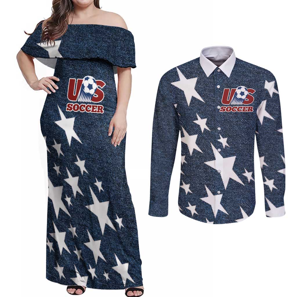 Custom United States Soccer Couples Matching Off Shoulder Maxi Dress and Long Sleeve Button Shirt Retro 1994 Denim Style