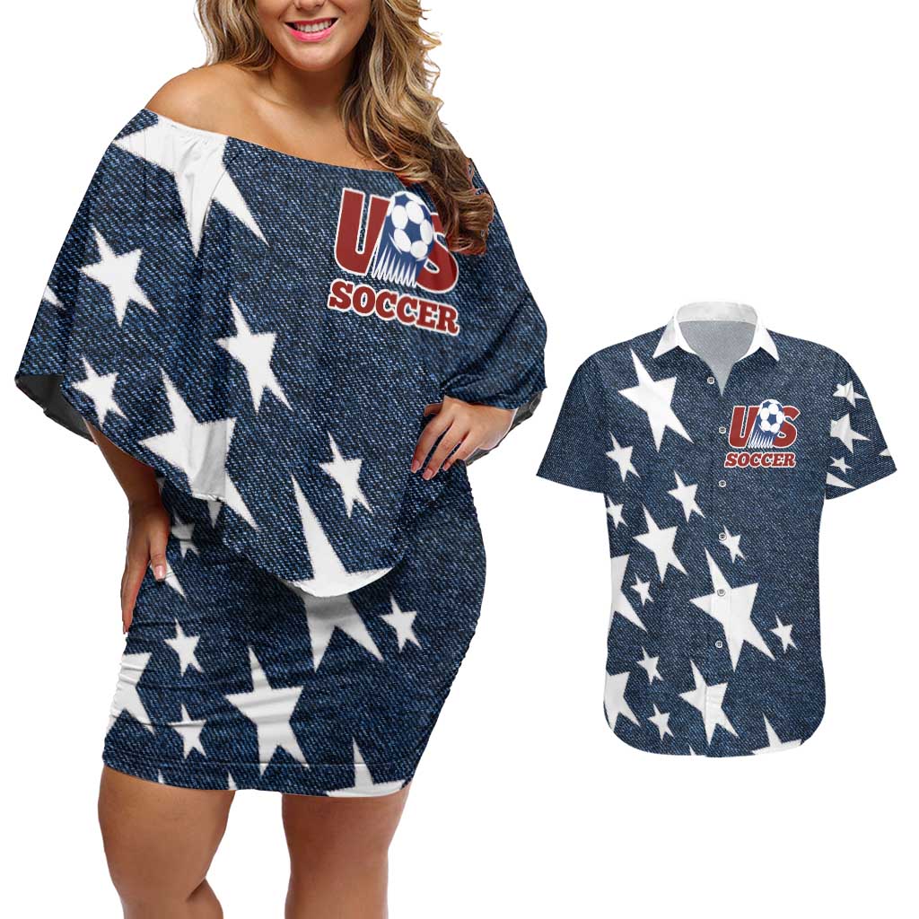 Custom United States Soccer Couples Matching Off Shoulder Short Dress and Hawaiian Shirt Retro 1994 Denim Style