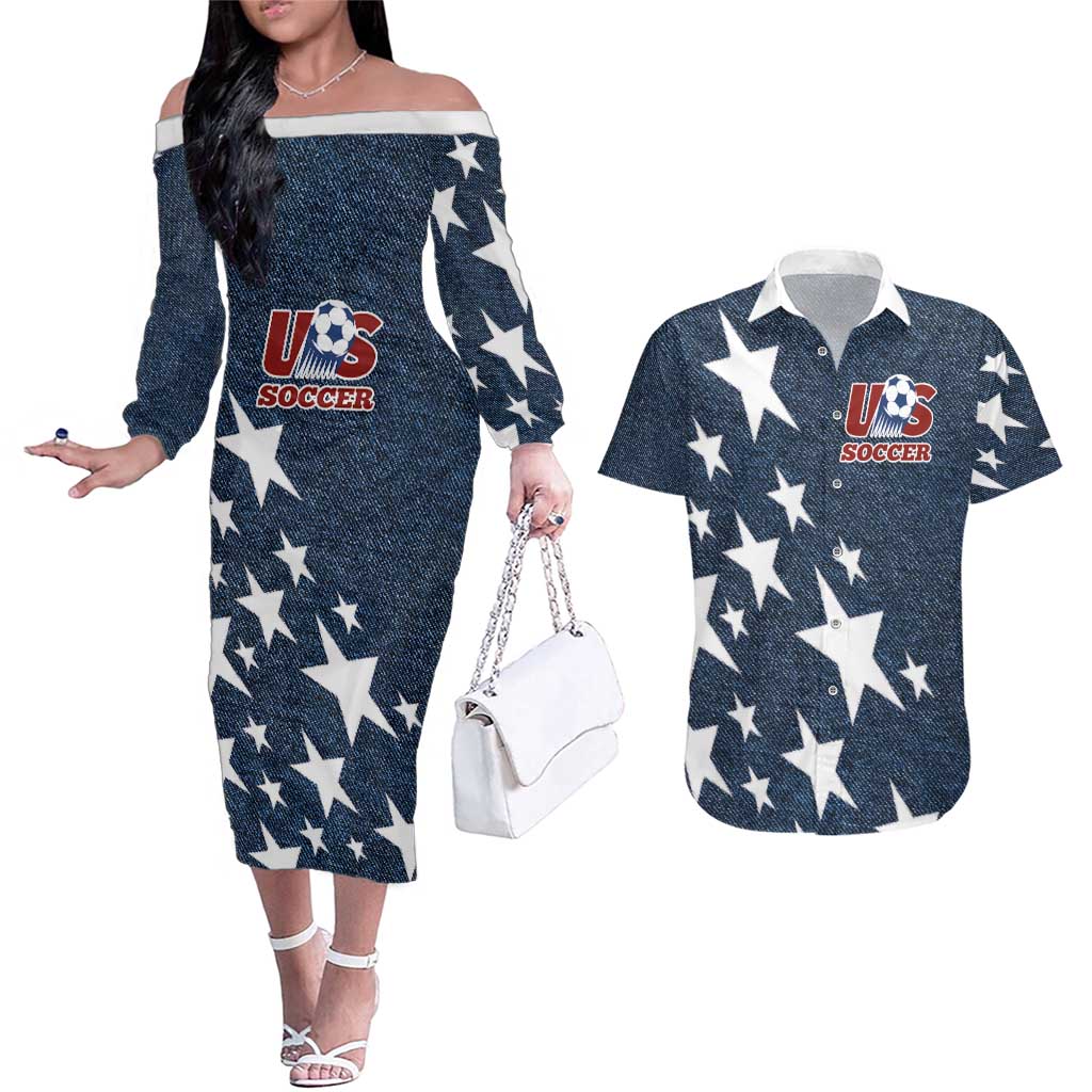 Custom United States Soccer Couples Matching Off The Shoulder Long Sleeve Dress and Hawaiian Shirt Retro 1994 Denim Style