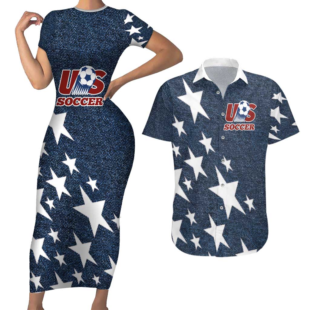 Custom United States Soccer Couples Matching Short Sleeve Bodycon Dress and Hawaiian Shirt Retro 1994 Denim Style