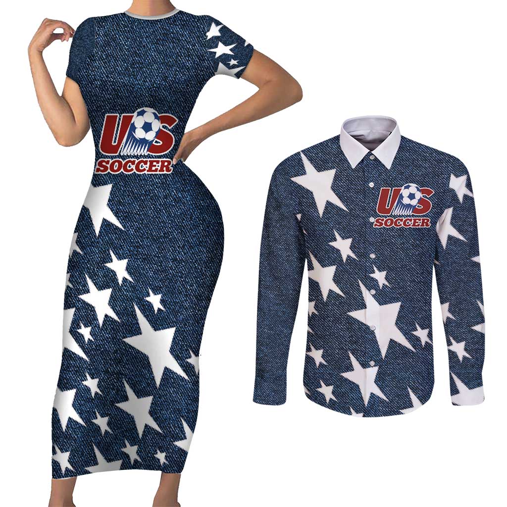 Custom United States Soccer Couples Matching Short Sleeve Bodycon Dress and Long Sleeve Button Shirt Retro 1994 Denim Style