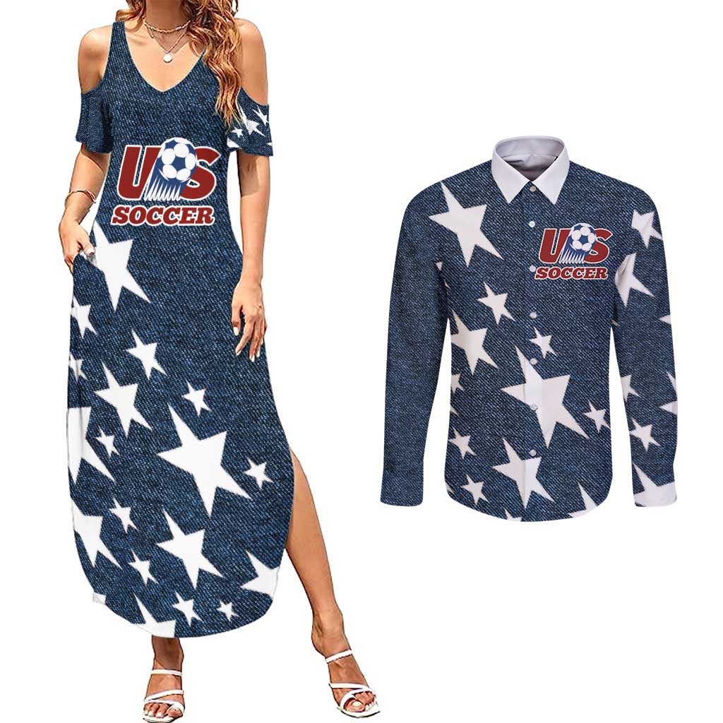 Custom United States Soccer Couples Matching Summer Maxi Dress and Long Sleeve Button Shirt Retro 1994 Denim Style