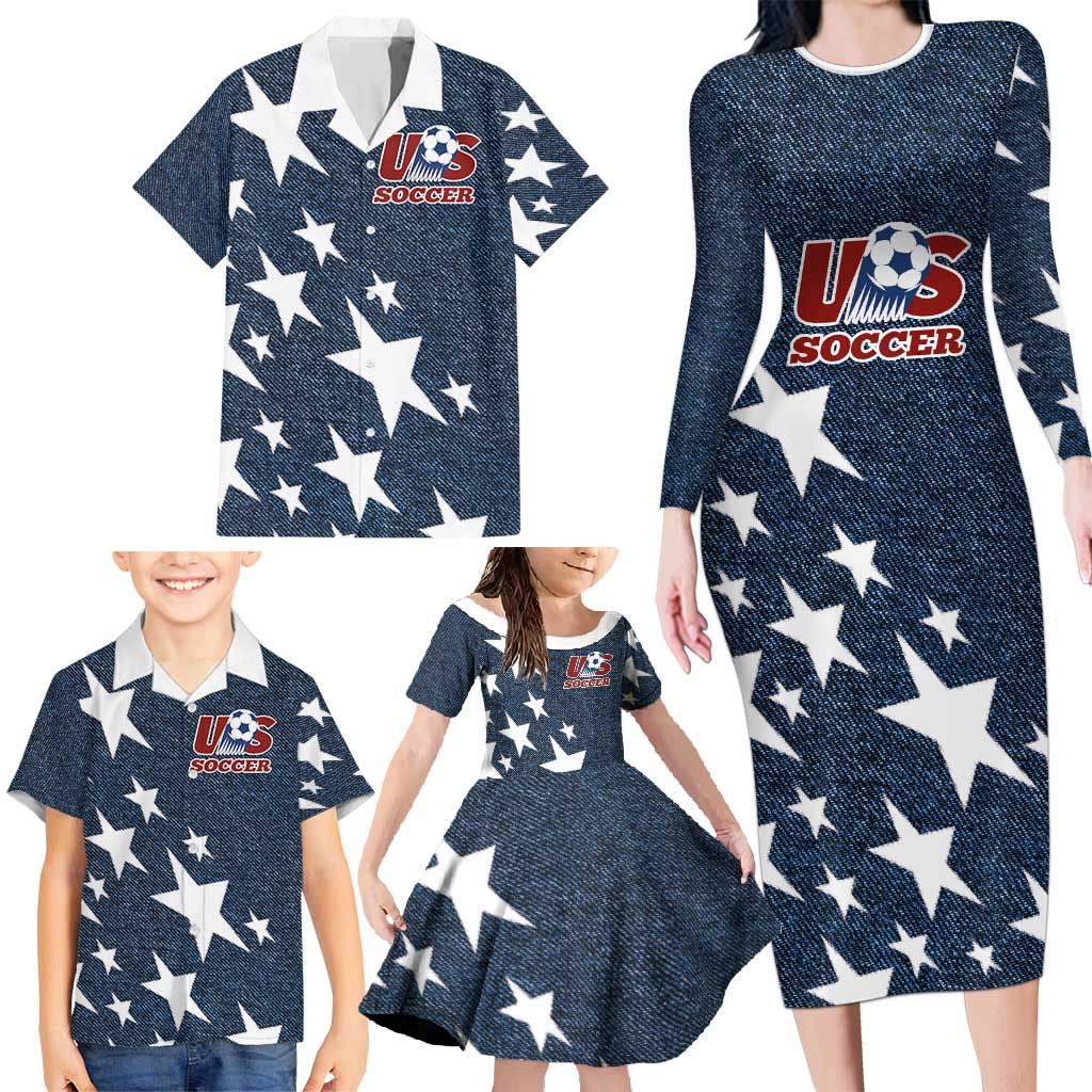 Custom United States Soccer Family Matching Long Sleeve Bodycon Dress and Hawaiian Shirt Retro 1994 Denim Style