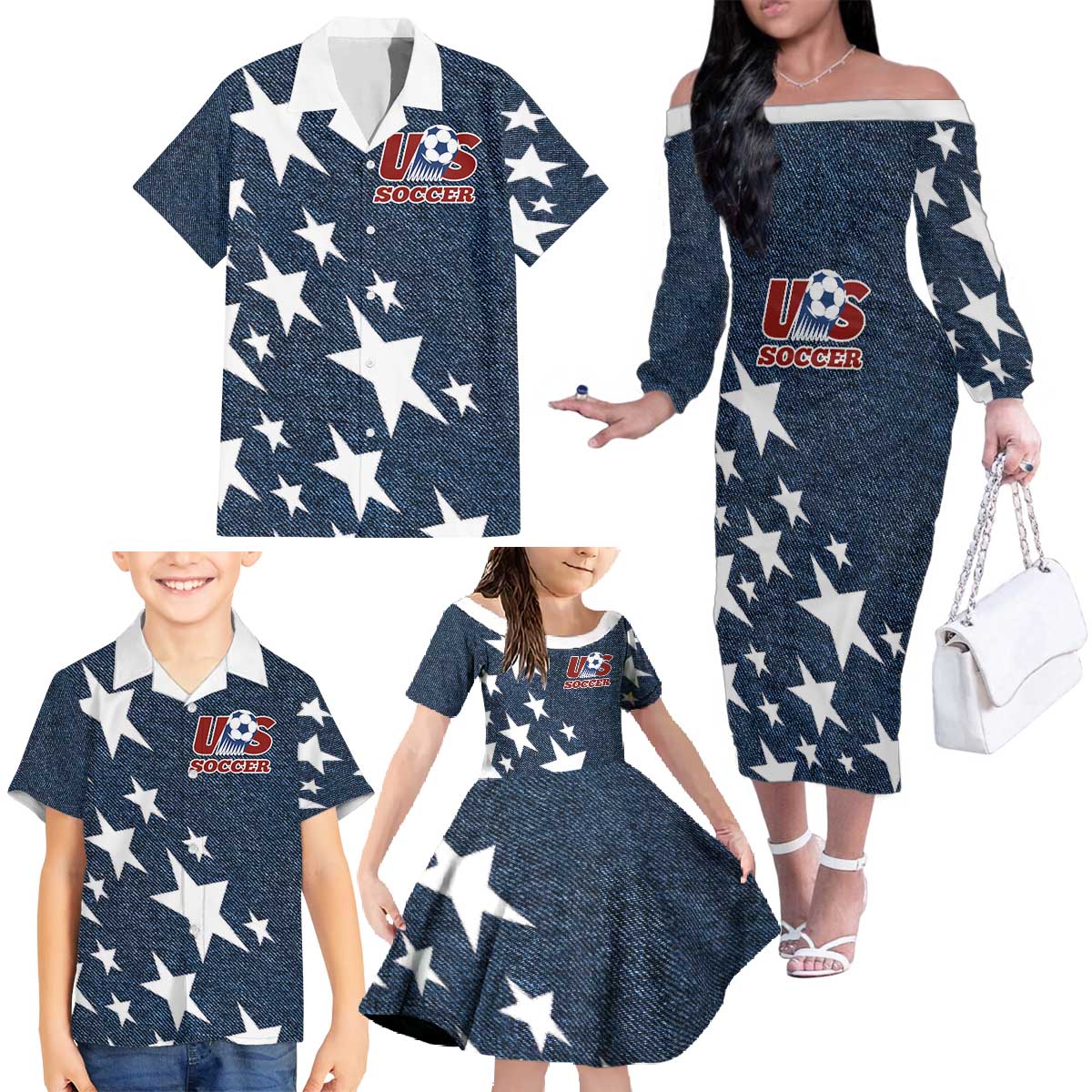 Custom United States Soccer Family Matching Off The Shoulder Long Sleeve Dress and Hawaiian Shirt Retro 1994 Denim Style