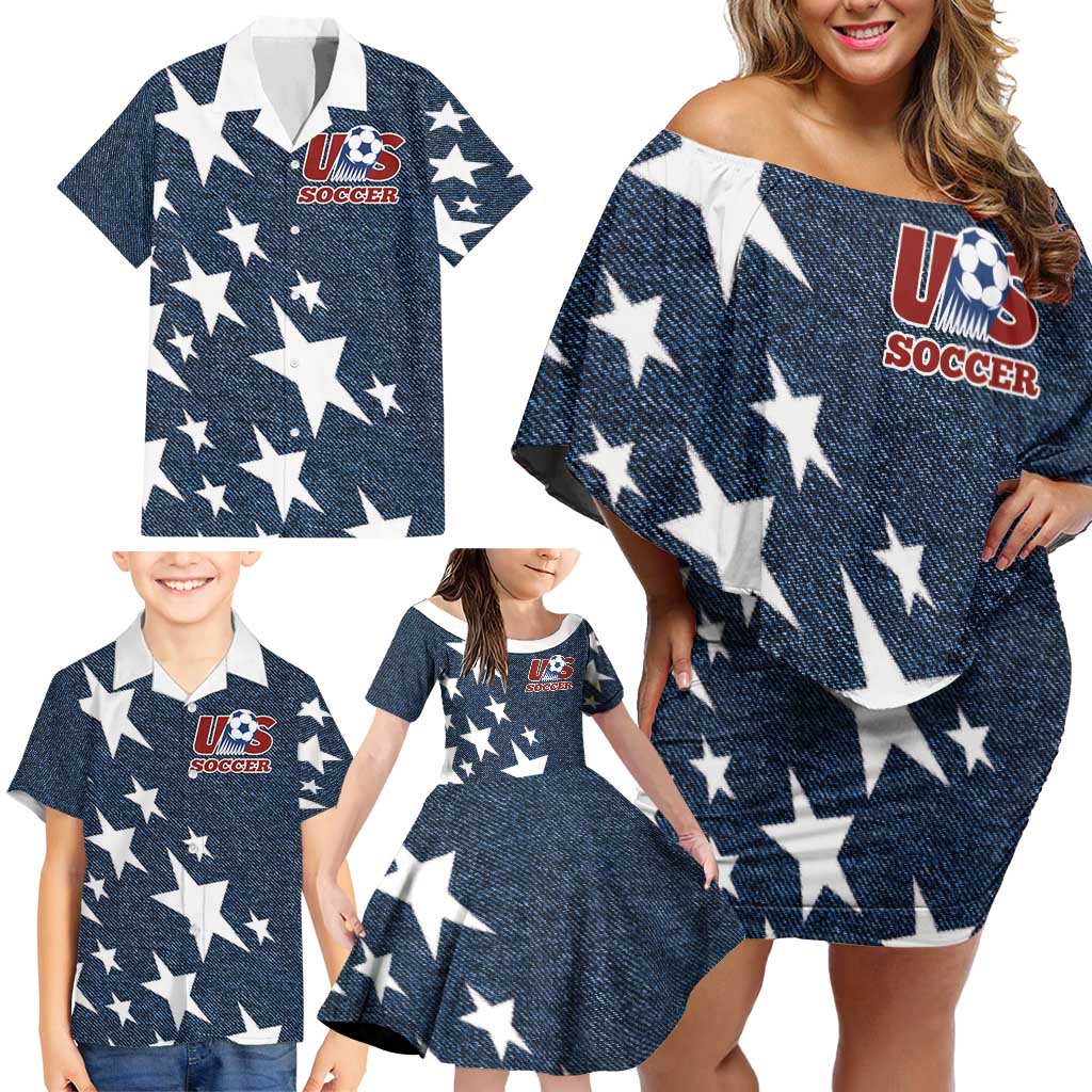 Custom United States Soccer Family Matching Off Shoulder Short Dress and Hawaiian Shirt Retro 1994 Denim Style