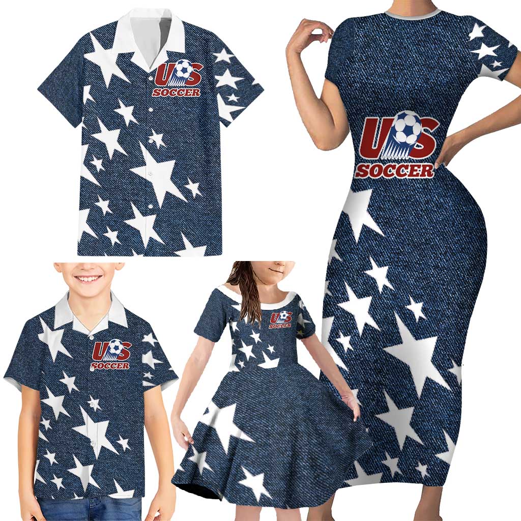 Custom United States Soccer Family Matching Short Sleeve Bodycon Dress and Hawaiian Shirt Retro 1994 Denim Style