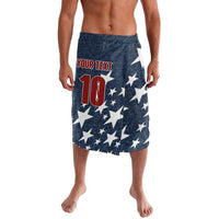 Navy denim-style wrap skirt with elastic waist, stars and red number 10 graphic
