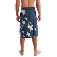 Navy denim-style skirt with elastic waist and all-over white star pattern