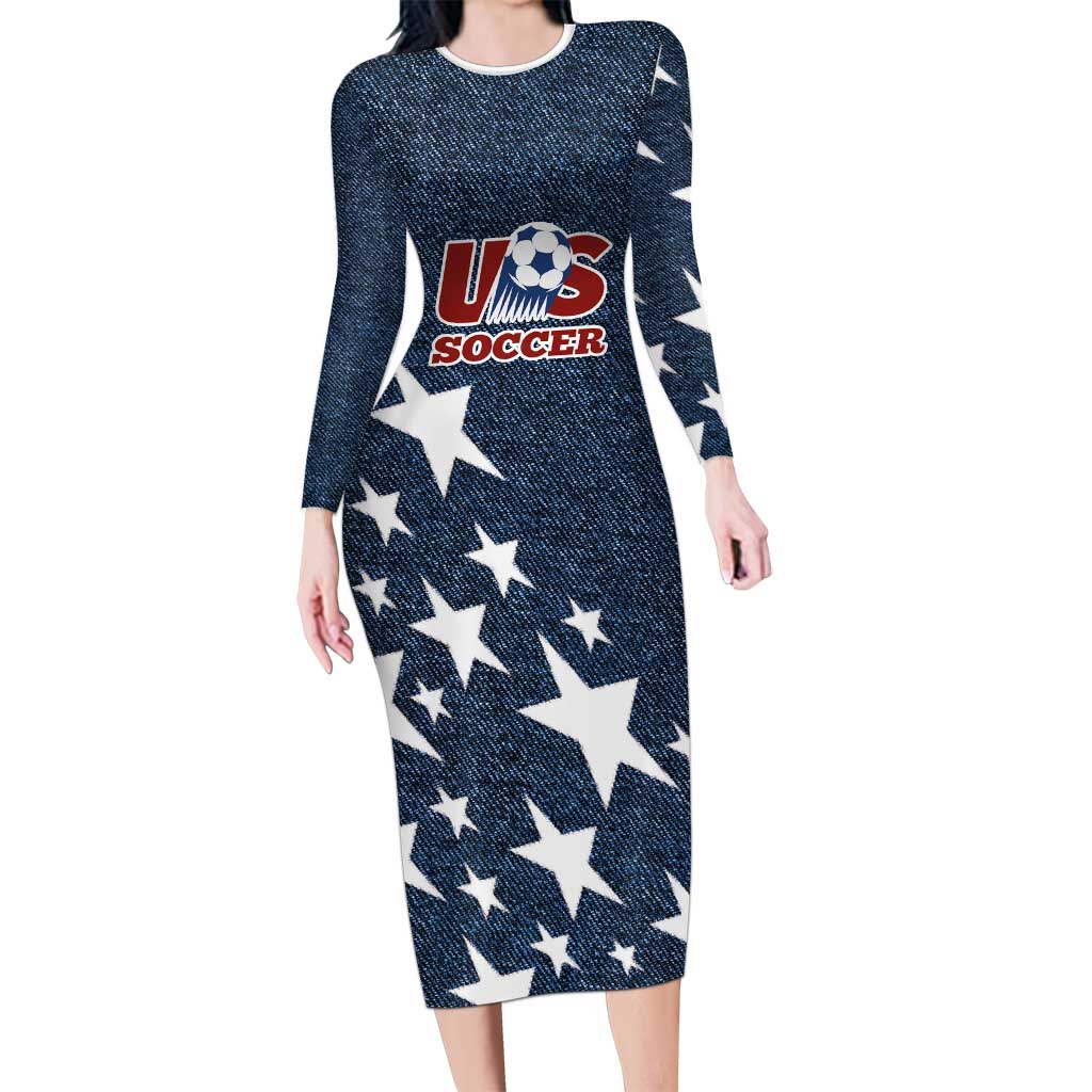 Custom United States Soccer Long Sleeve Bodycon Dress Retro 1994 Denim Style