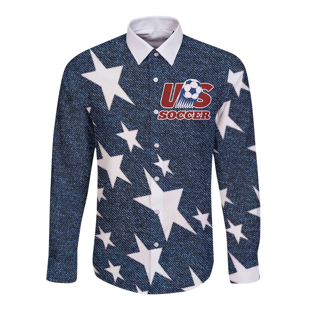 Navy denim-style long sleeve button shirt with white stars and USA Soccer logo