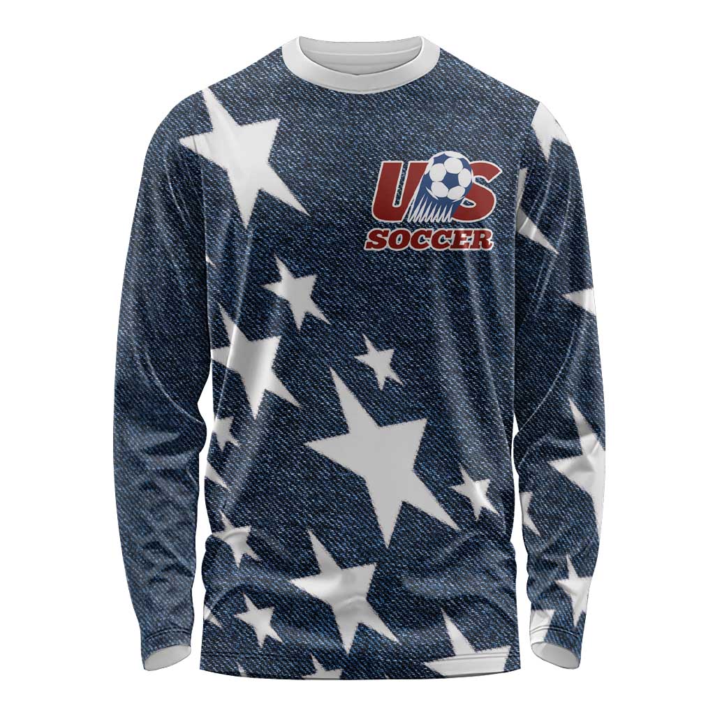Navy denim-style long sleeve soccer shirt with star pattern and US soccer logo