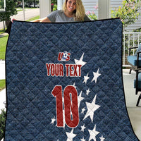 Navy denim-style quilt with US crest, custom text, number 10 and white star graphics