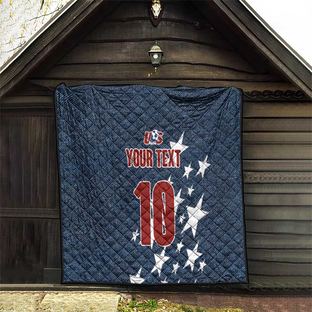 Navy denim-style quilt with bound edges, US crest, YOUR TEXT, number 10 and stars