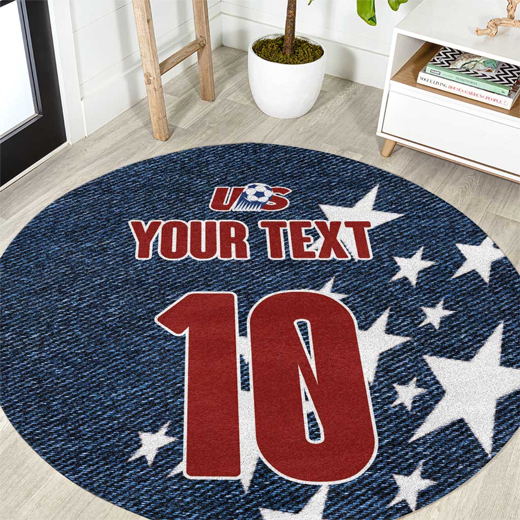 Navy denim-style round area rug with US logo, stars, and “YOUR TEXT” over “10”